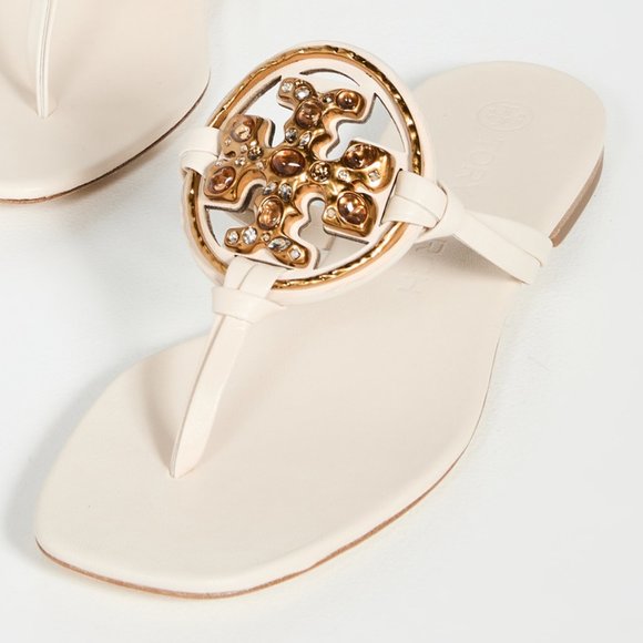 Tory Burch NIB Miller Jeweled Leather Thong Sandals Brie Cream Beige - Picture 8 of 15